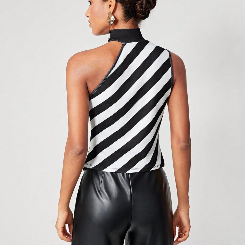 Black Preppy Womens Striped Print Asymmetrical Neck Hanky Hem Tank Top - Picture 2 of 5